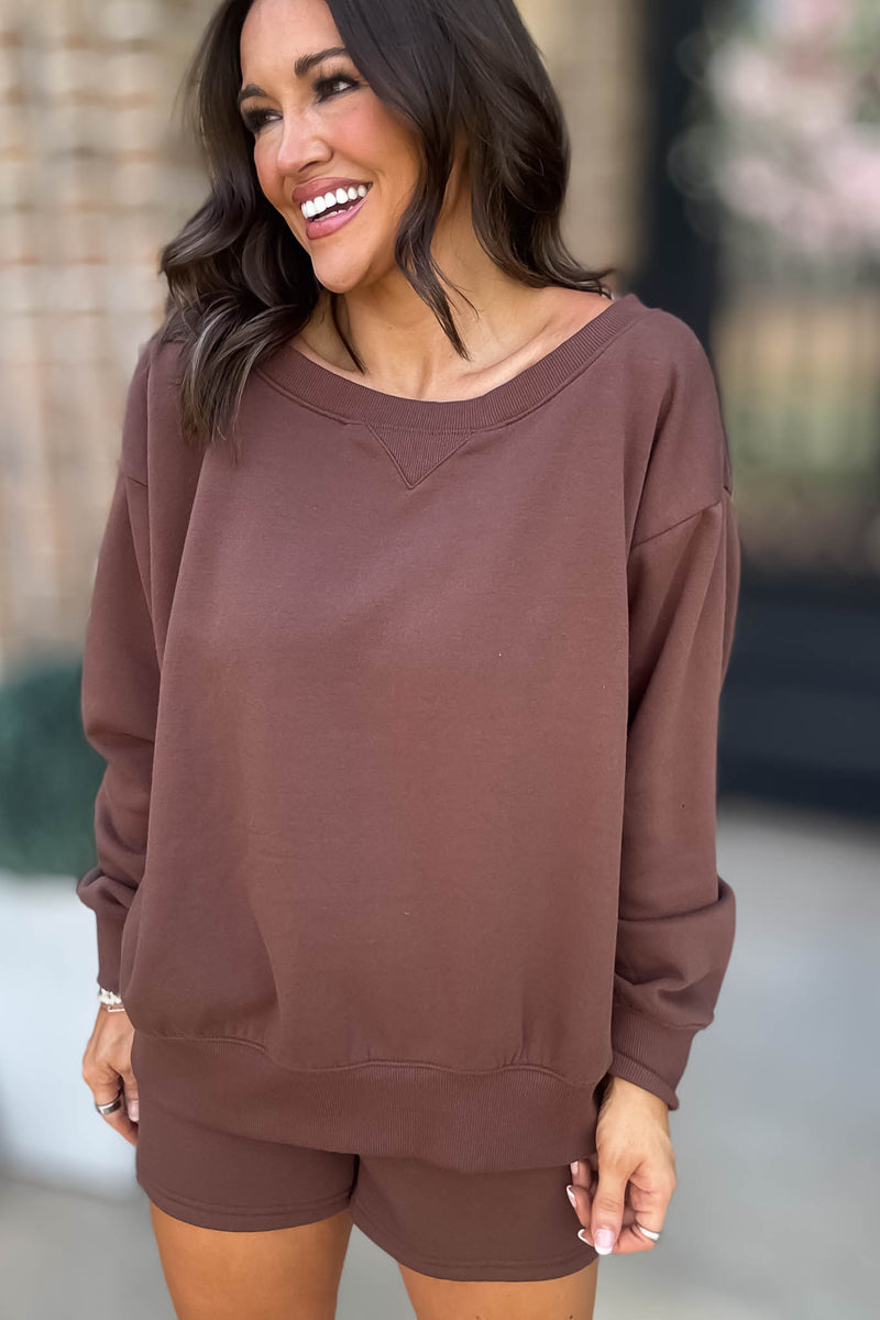 Softest Ever Brown Fleece Boat Neck Sweatshirt
