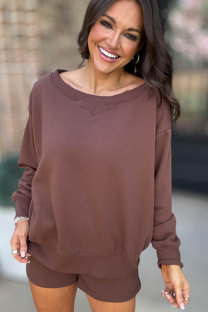 Softest Ever Brown Fleece Boat Neck Sweatshirt