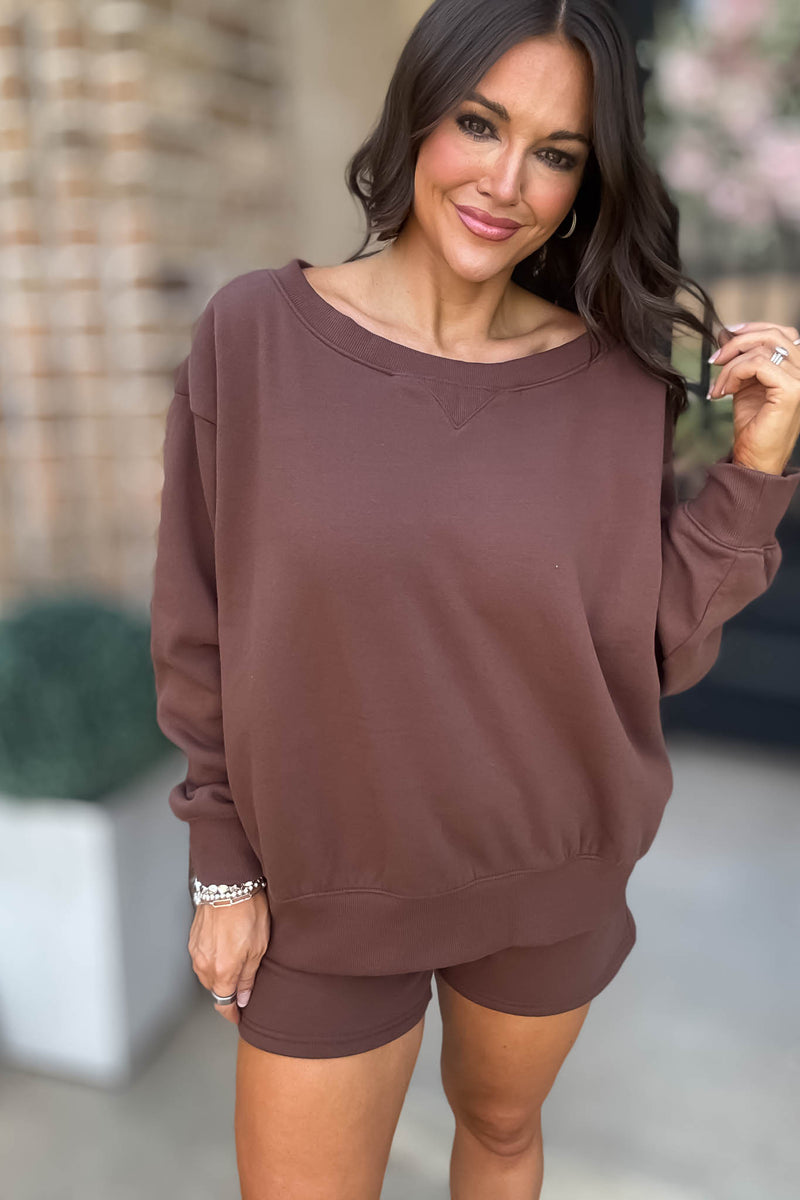Softest Ever Brown Fleece Boat Neck Sweatshirt