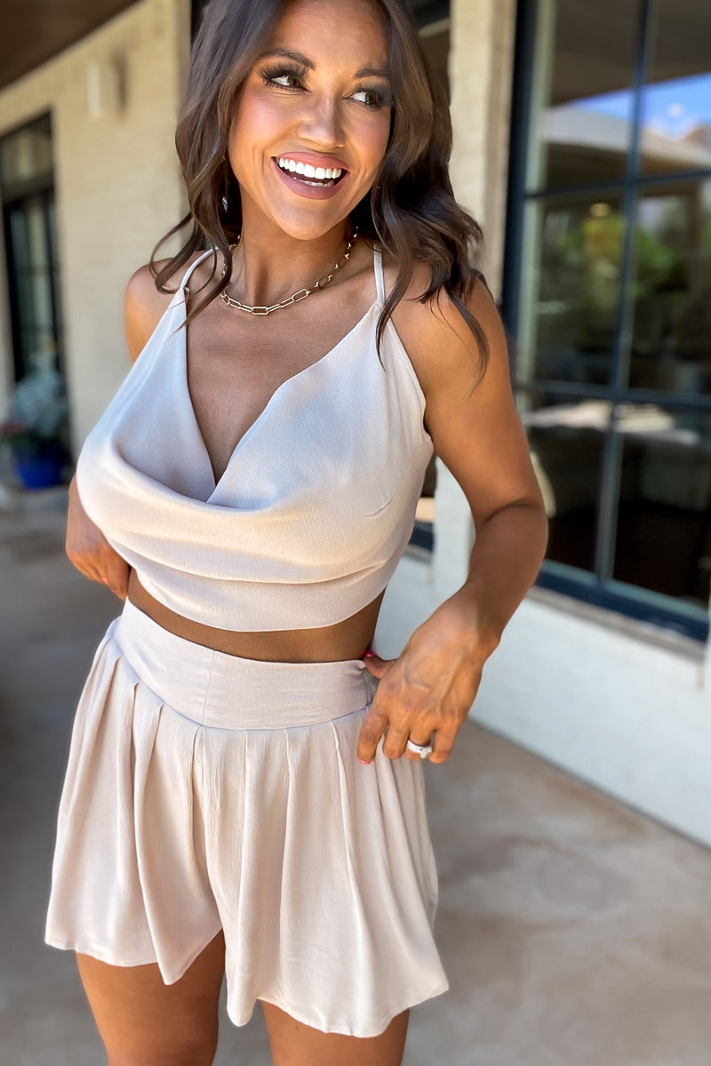 Floating On By Cowl Neck Cami Crop Top And Short Set