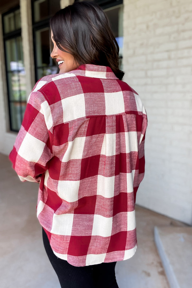 Check It Out Red Shacket Plaid Button Down Top