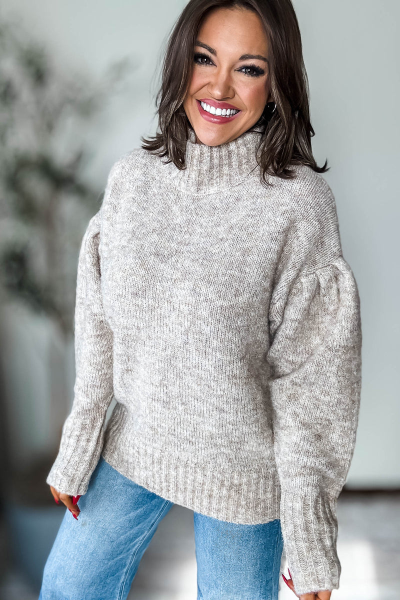 Mock Neck Cozy Balloon Sleeve Sweater