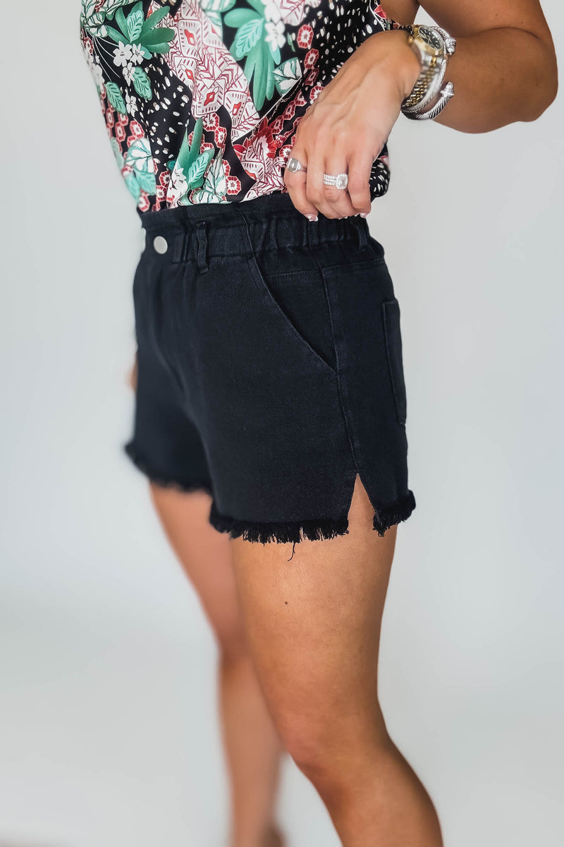 Paperbag Waist Stone Washed Black Shorts