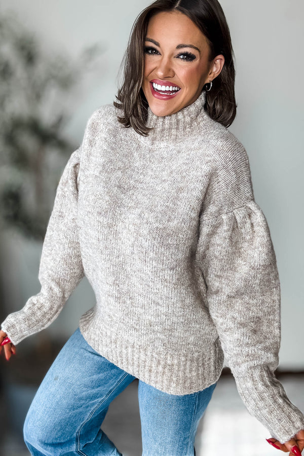 Mock Neck Cozy Balloon Sleeve Sweater