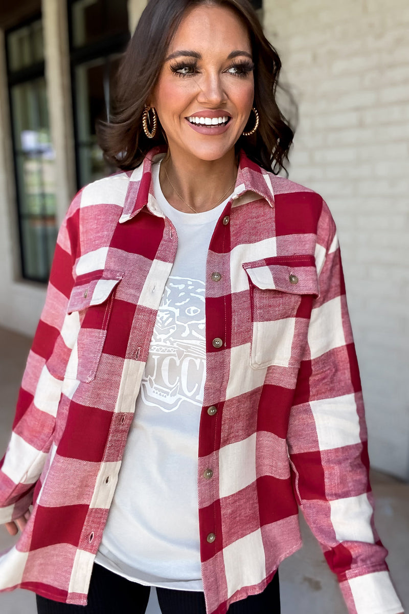 Check It Out Red Shacket Plaid Button Down Top