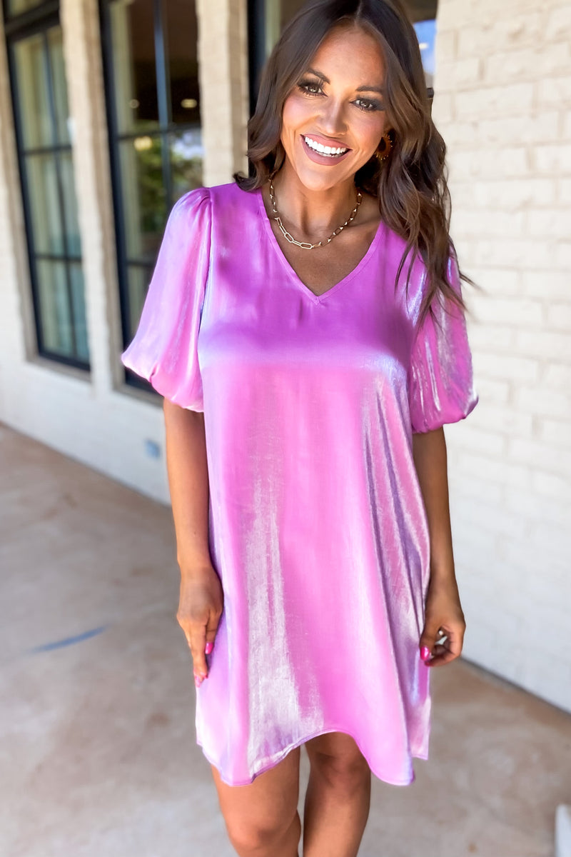 Magenta Satin Puffed Sleeves Dress
