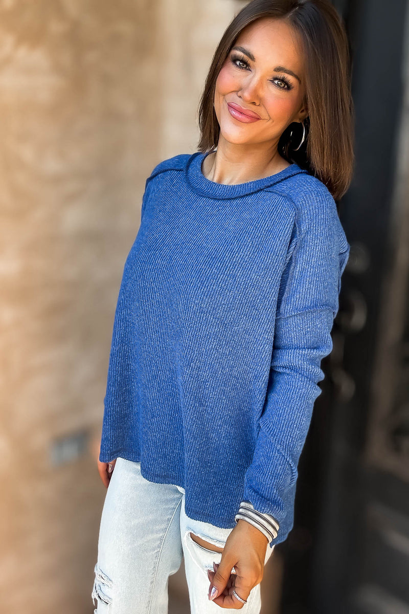 Brushed Light Navy Ribbed Hacci Hi-Low Sweater Top