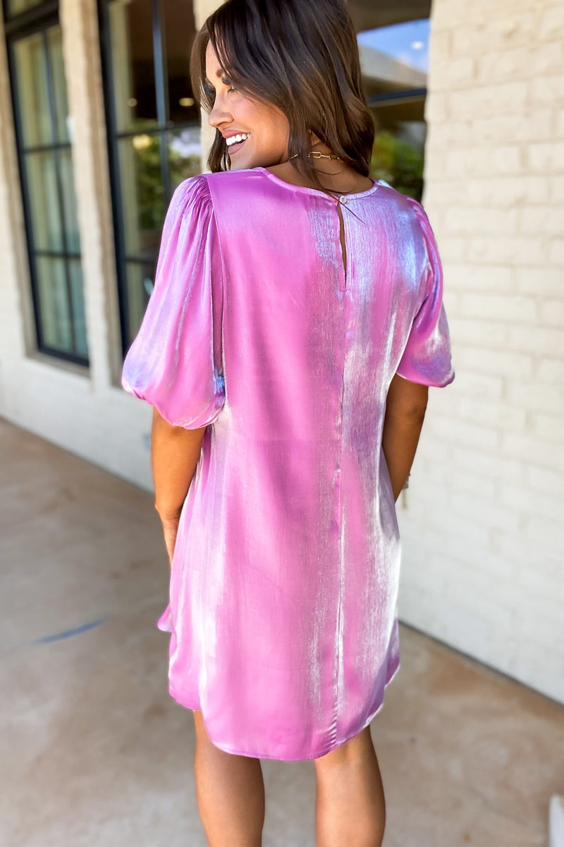 Magenta Satin Puffed Sleeves Dress