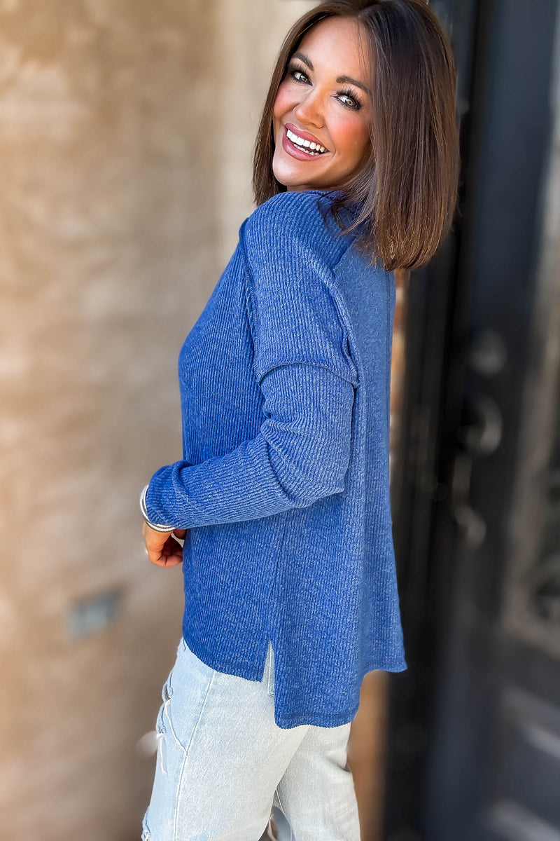 Brushed Light Navy Ribbed Hacci Hi-Low Sweater Top