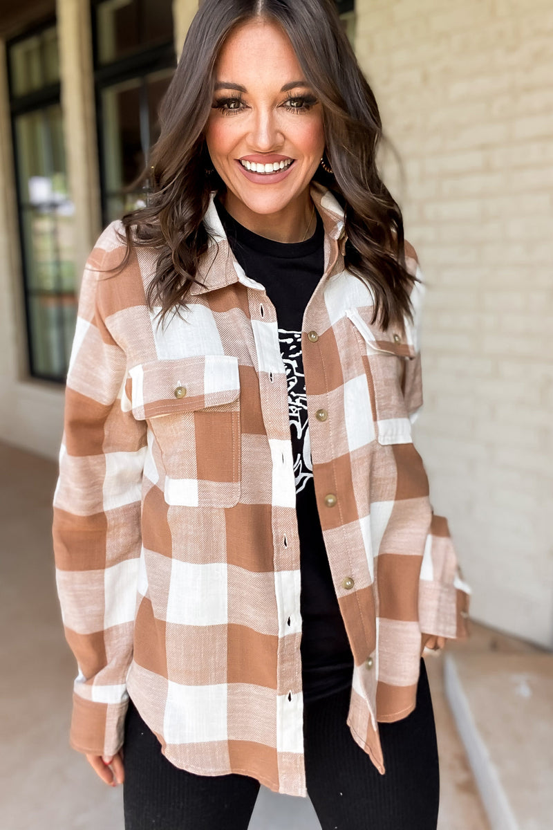 Check It Out Camel Shacket Plaid Button Down Top
