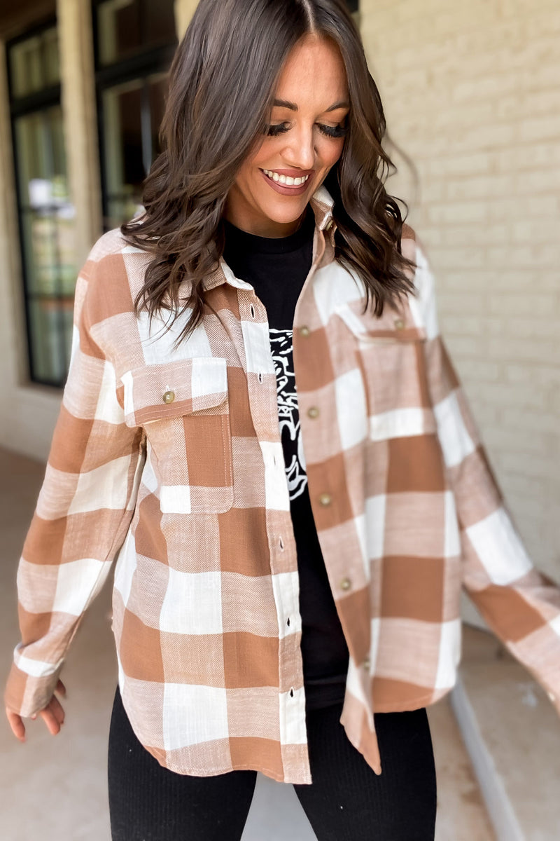 Check It Out Camel Shacket Plaid Button Down Top