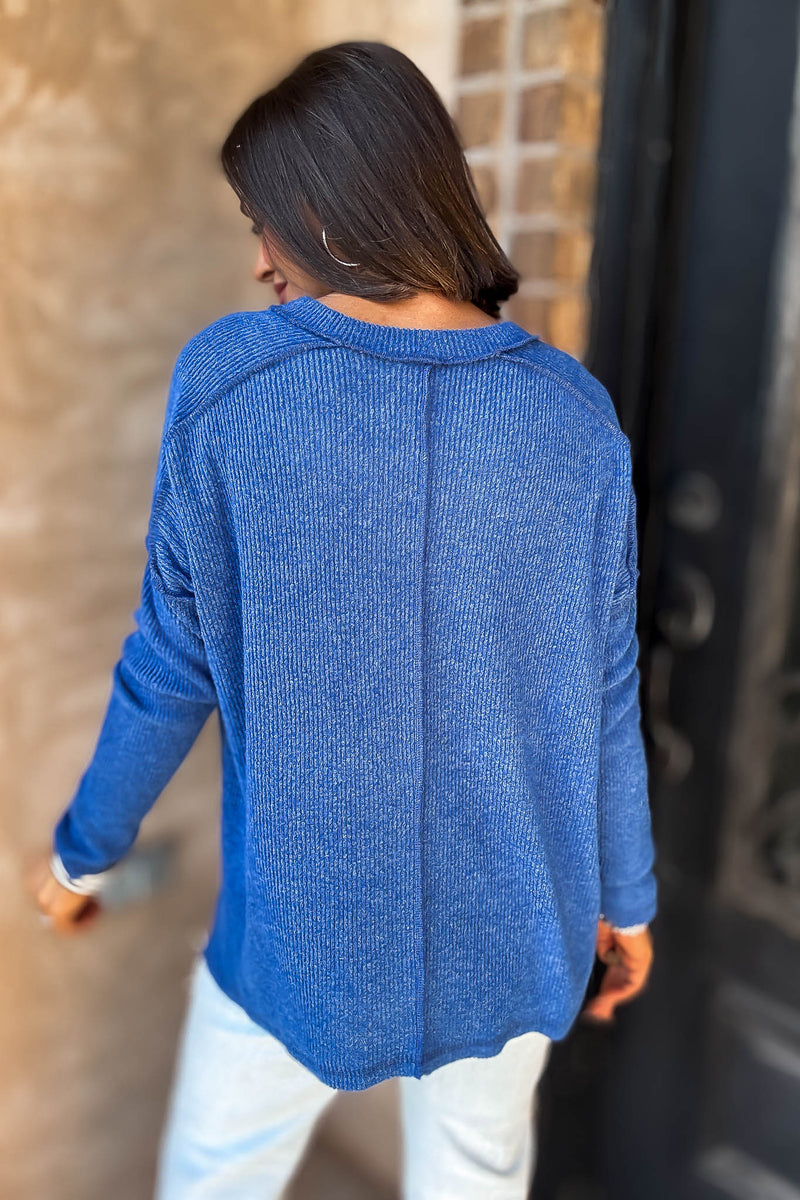 Brushed Light Navy Ribbed Hacci Hi-Low Sweater Top