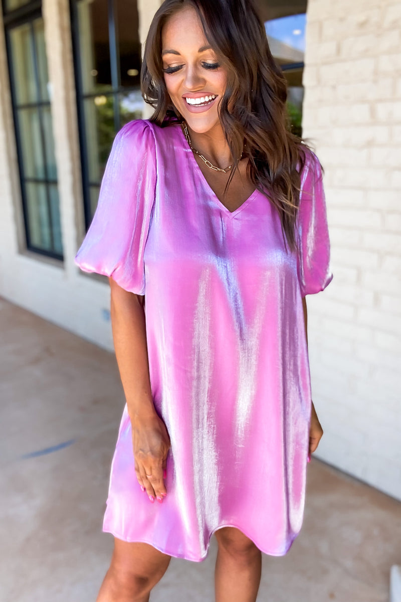 Magenta Satin Puffed Sleeves Dress