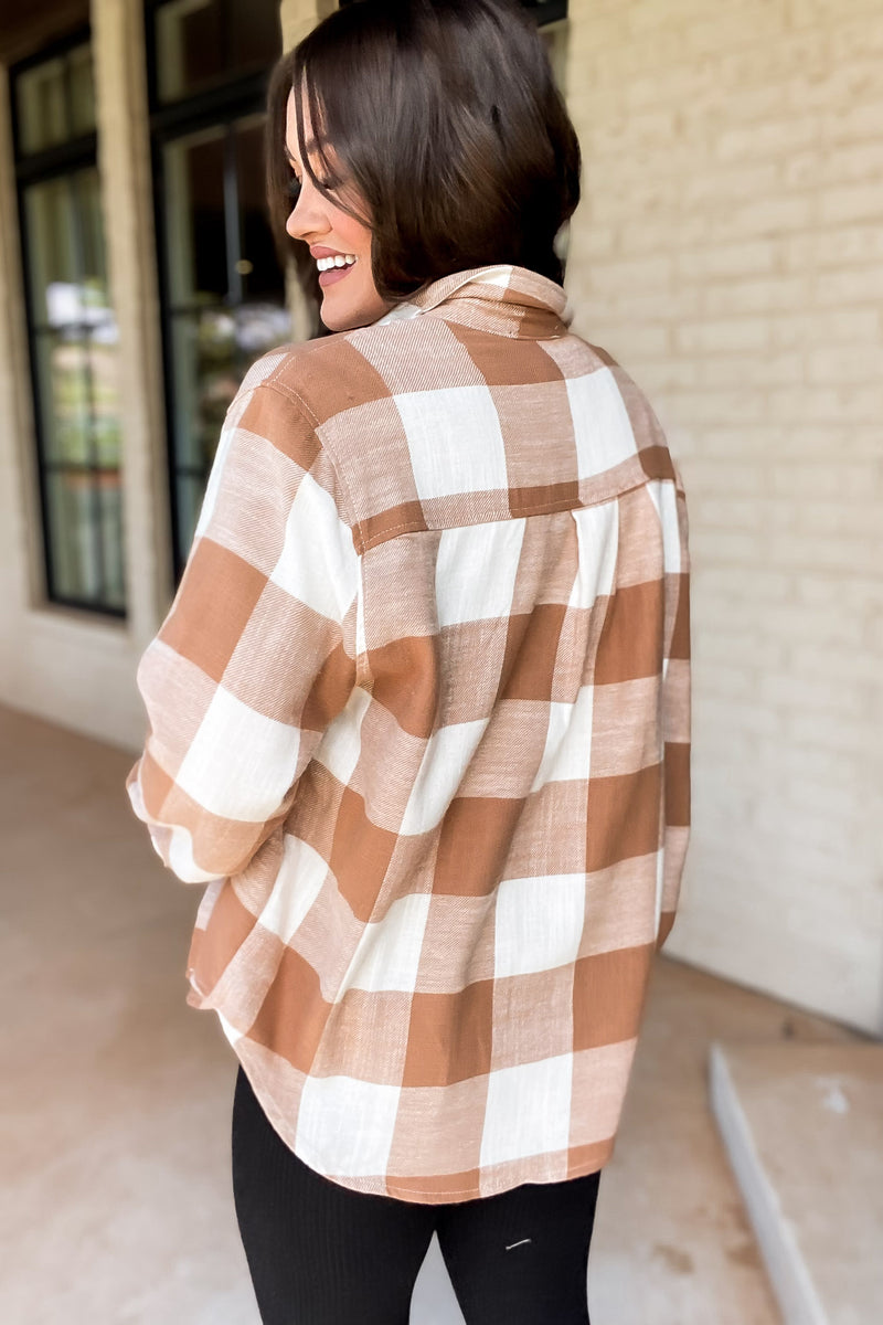 Check It Out Camel Shacket Plaid Button Down Top
