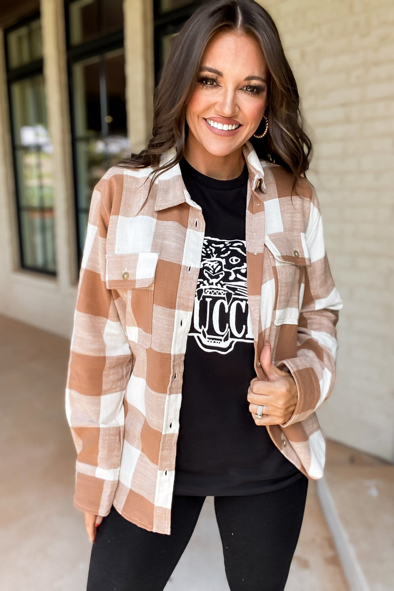 Check It Out Camel Shacket Plaid Button Down Top