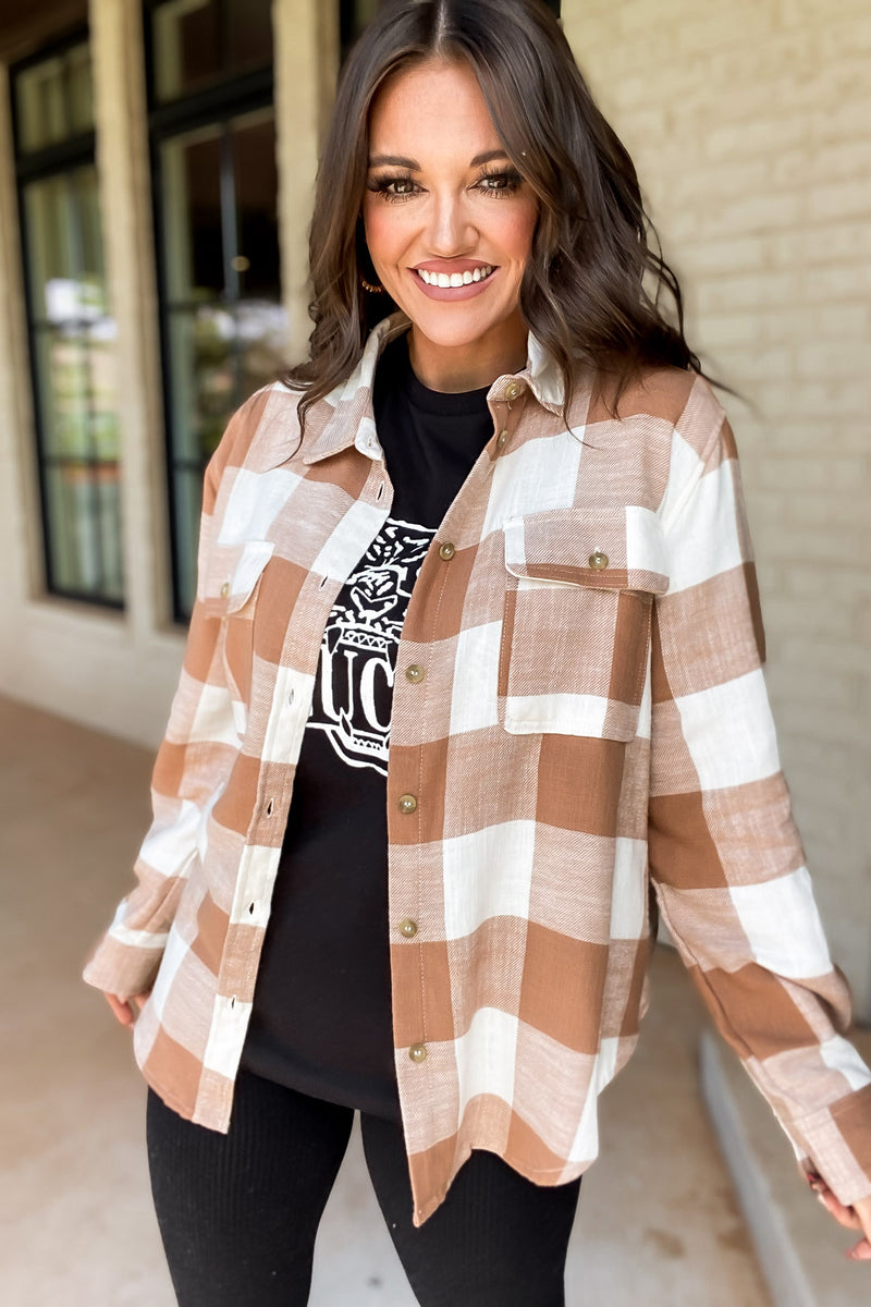 Check It Out Camel Shacket Plaid Button Down Top