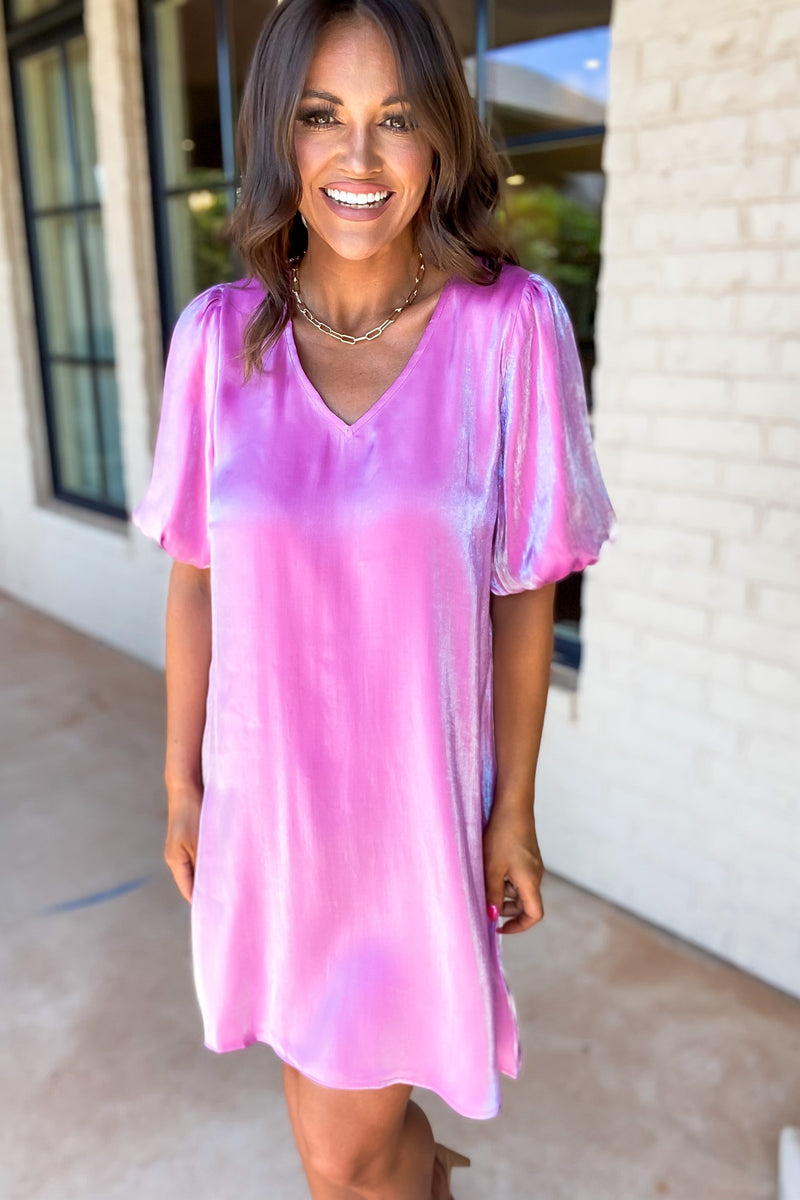 Magenta Satin Puffed Sleeves Dress