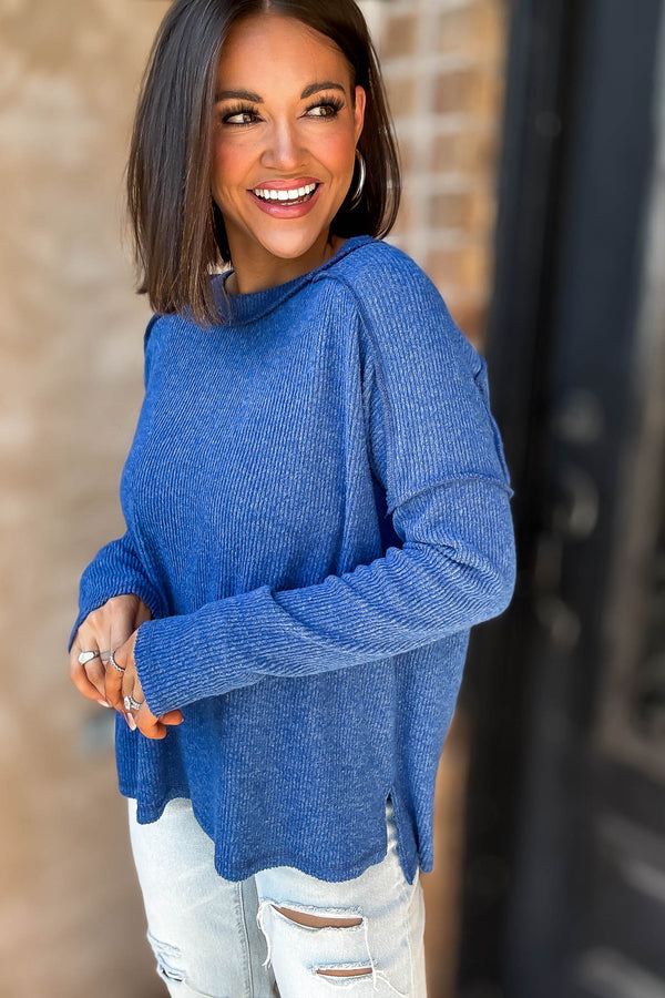 Brushed Light Navy Ribbed Hacci Hi-Low Sweater Top