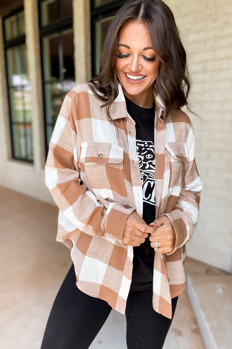 Check It Out Camel Shacket Plaid Button Down Top