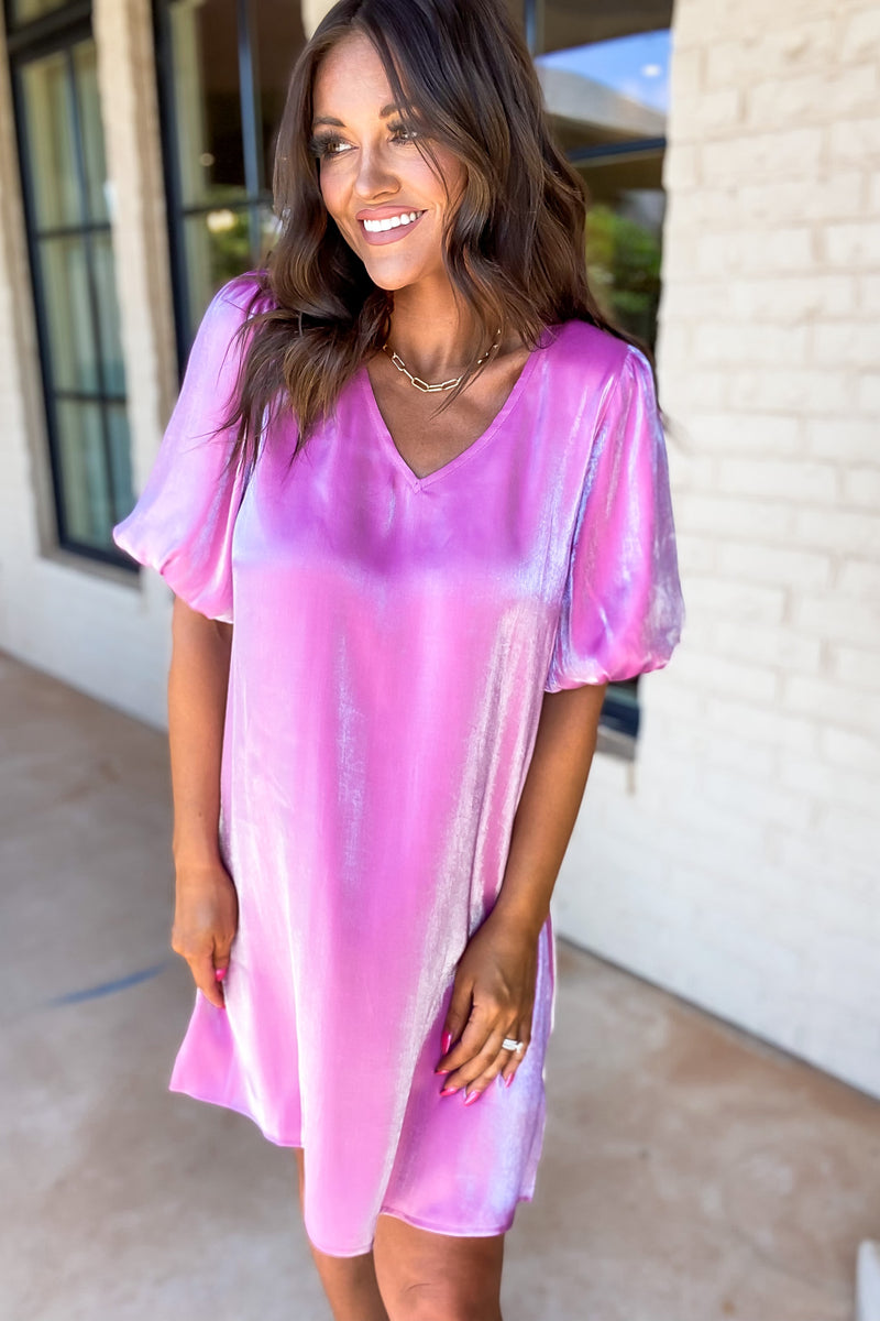Magenta Satin Puffed Sleeves Dress