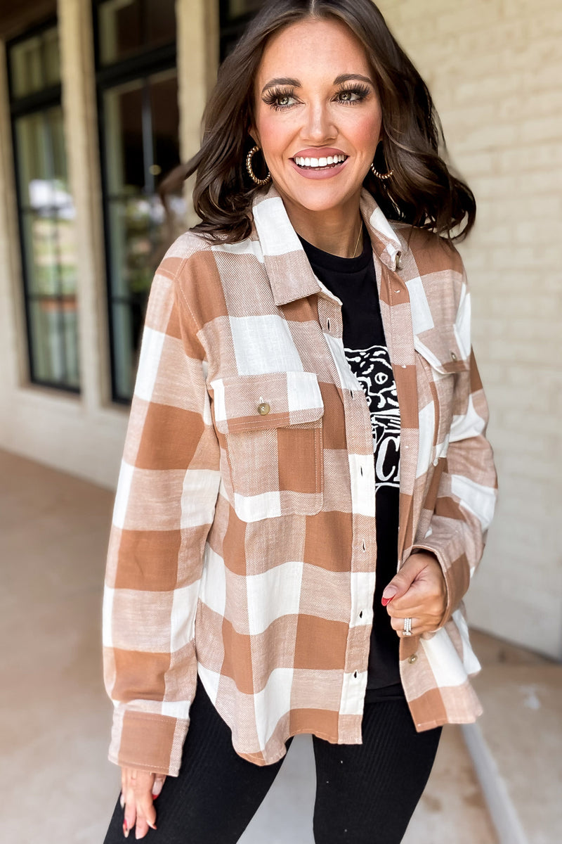 Check It Out Camel Shacket Plaid Button Down Top