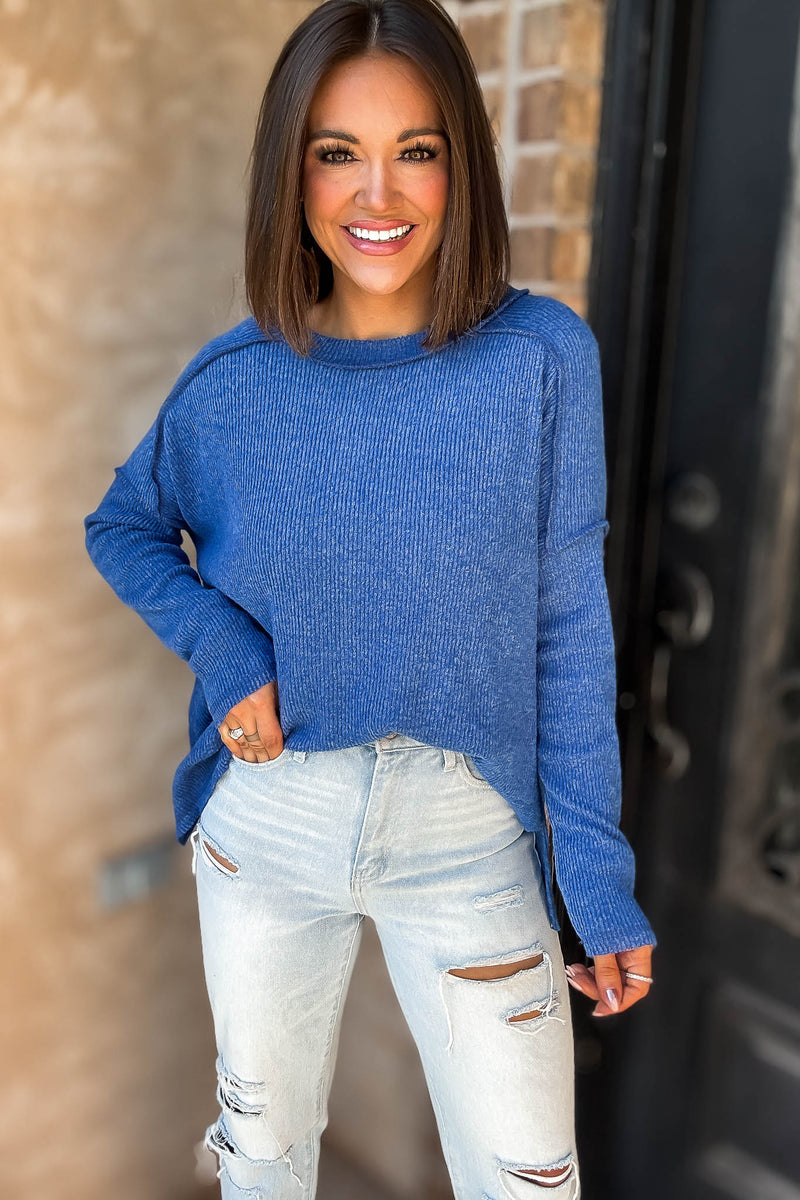 Brushed Light Navy Ribbed Hacci Hi-Low Sweater Top