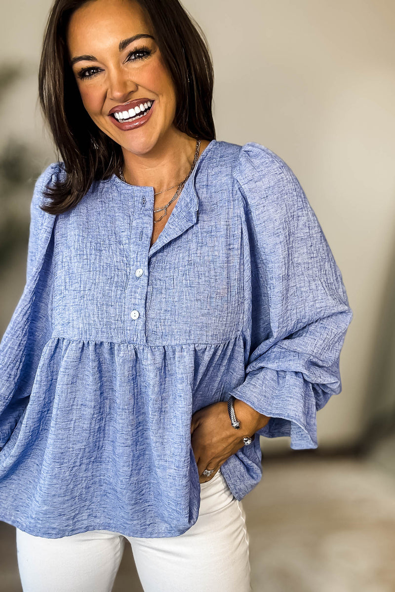 Call It Fate Blue Balloon Sleeve Top