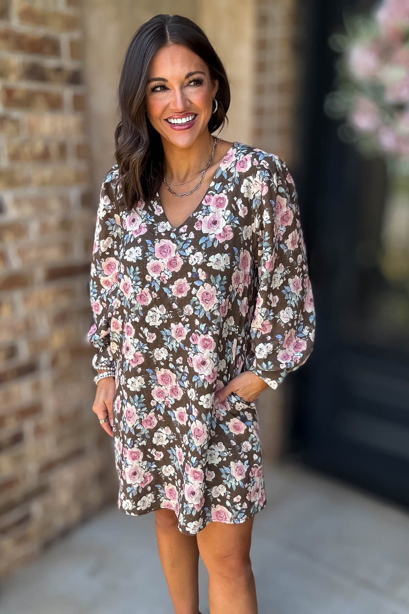 No Doubt About It Brown Floral Shift Dress