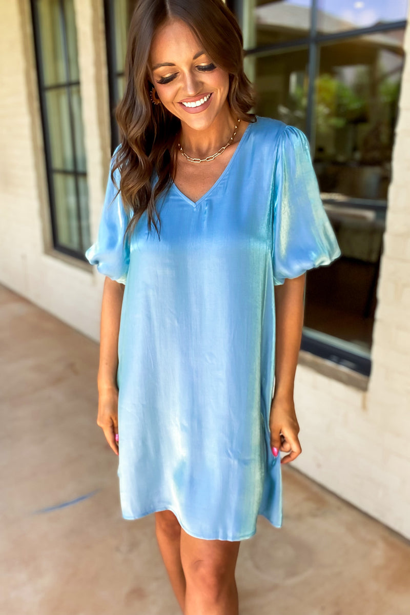 Turquoise Satin Puffed Sleeves Dress