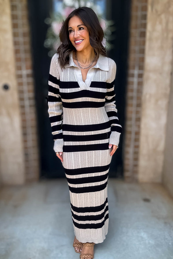 Mable I'm Choosing Happiness Stripe Ribbed Collared V Neckline Knit Dress