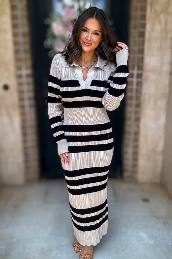 Mable I'm Choosing Happiness Stripe Ribbed Collared V Neckline Knit Dress