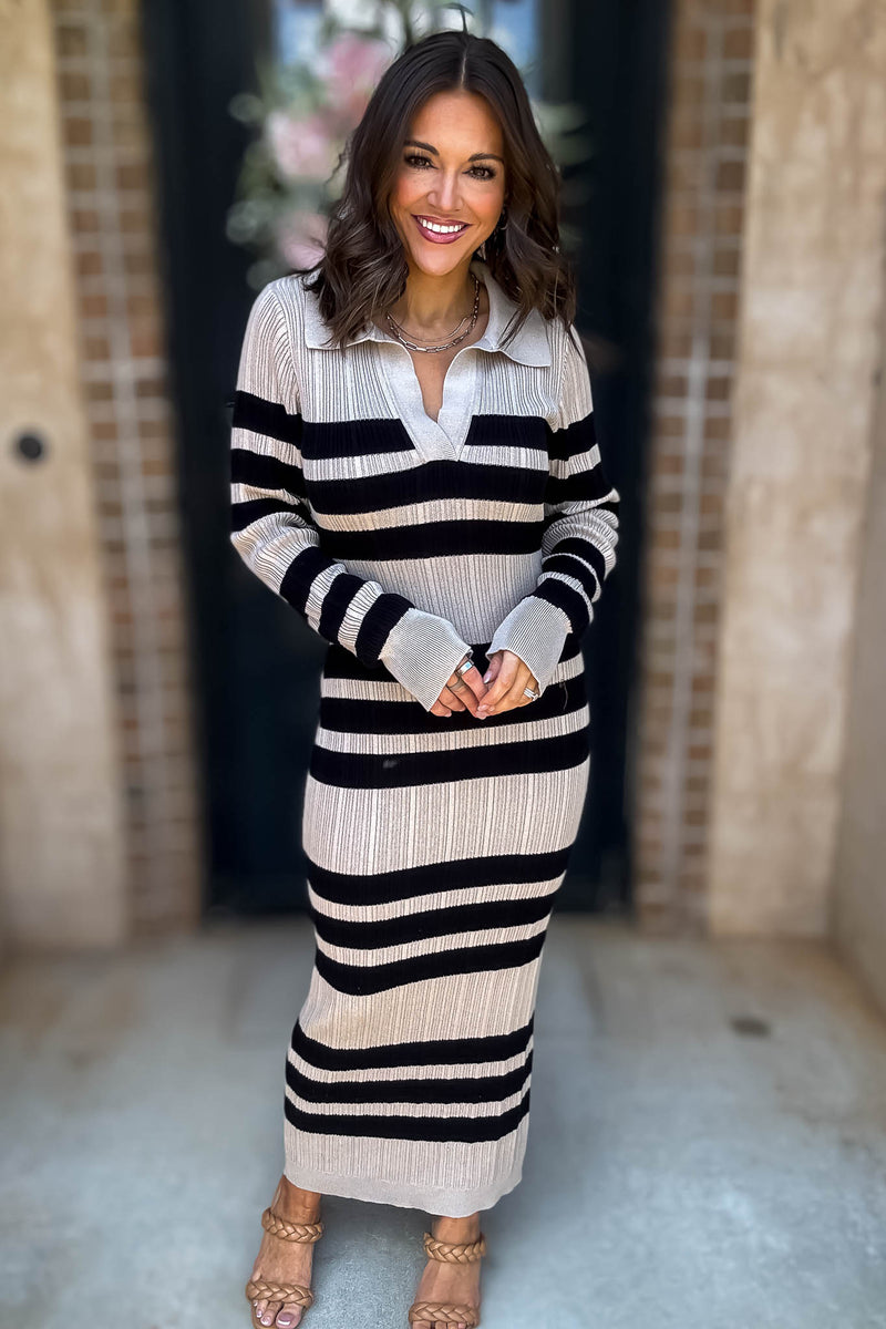 Mable I'm Choosing Happiness Stripe Ribbed Collared V Neckline Knit Dress