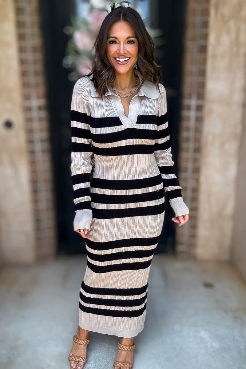 Mable I'm Choosing Happiness Stripe Ribbed Collared V Neckline Knit Dress