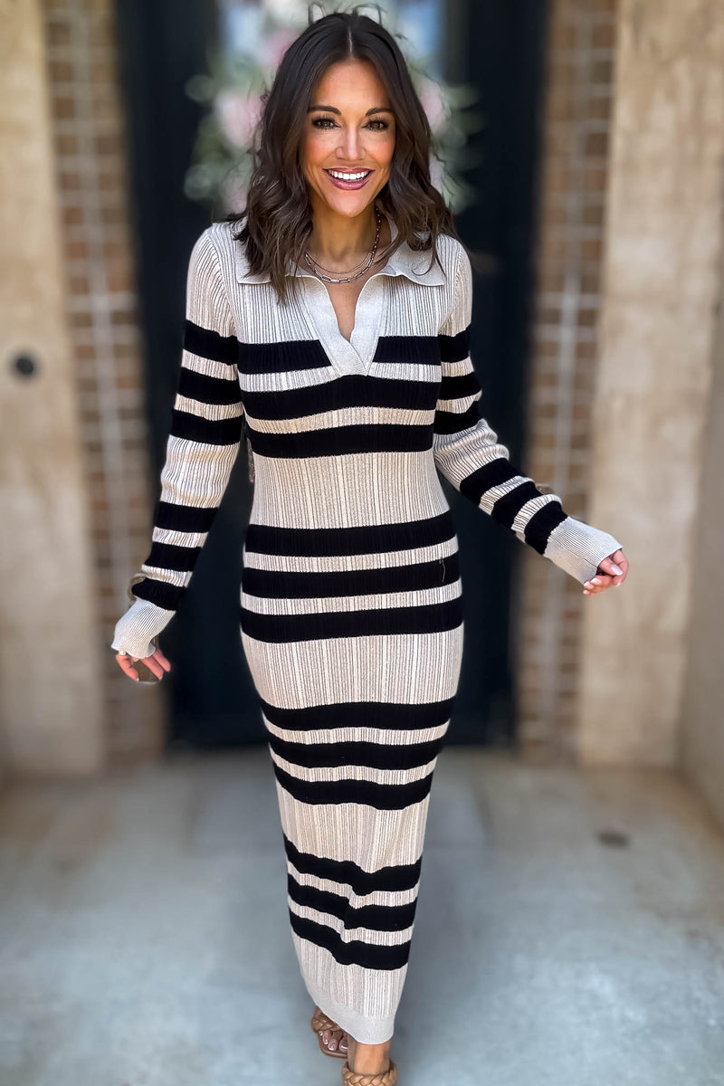 Mable I'm Choosing Happiness Stripe Ribbed Collared V Neckline Knit Dress