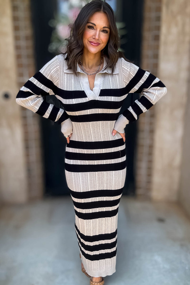 Mable I'm Choosing Happiness Stripe Ribbed Collared V Neckline Knit Dress