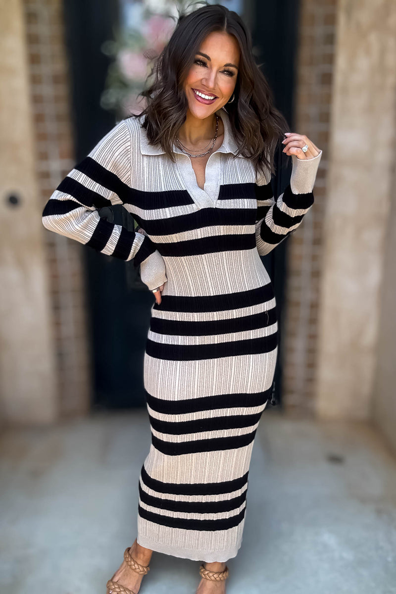 Mable I'm Choosing Happiness Stripe Ribbed Collared V Neckline Knit Dress