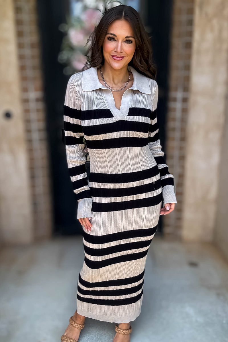 Mable I'm Choosing Happiness Stripe Ribbed Collared V Neckline Knit Dress