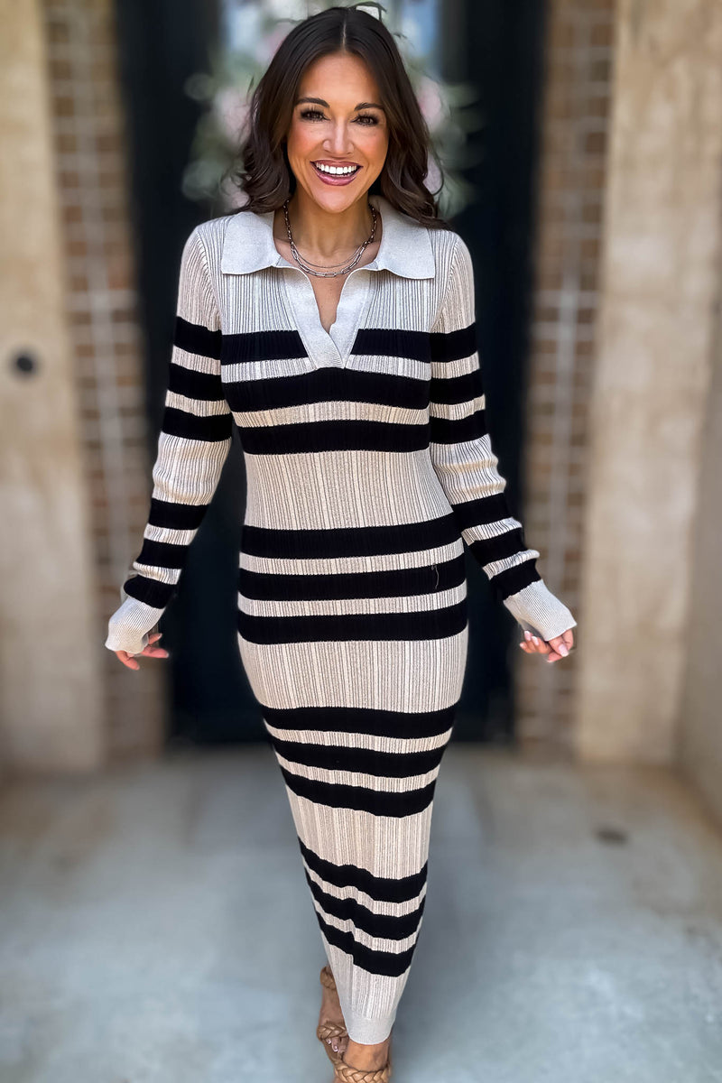 Mable I'm Choosing Happiness Stripe Ribbed Collared V Neckline Knit Dress