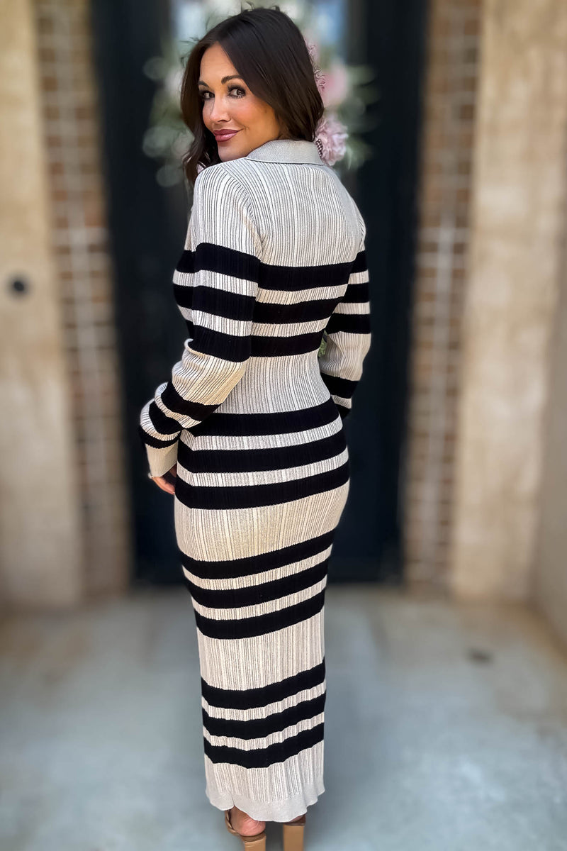 Mable I'm Choosing Happiness Stripe Ribbed Collared V Neckline Knit Dress