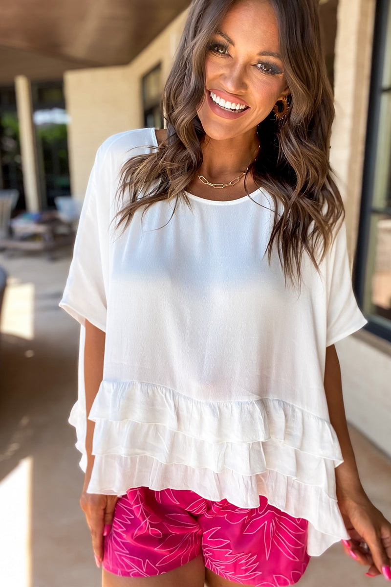 Short Sleeve Loose Fit Ruffle Hem Tiered Top