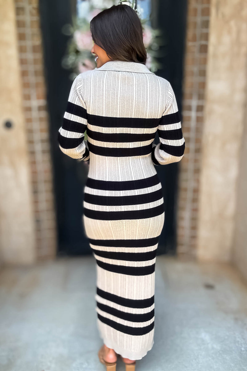 Mable I'm Choosing Happiness Stripe Ribbed Collared V Neckline Knit Dress