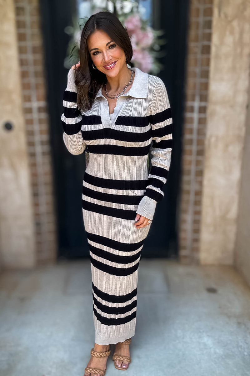 Mable I'm Choosing Happiness Stripe Ribbed Collared V Neckline Knit Dress