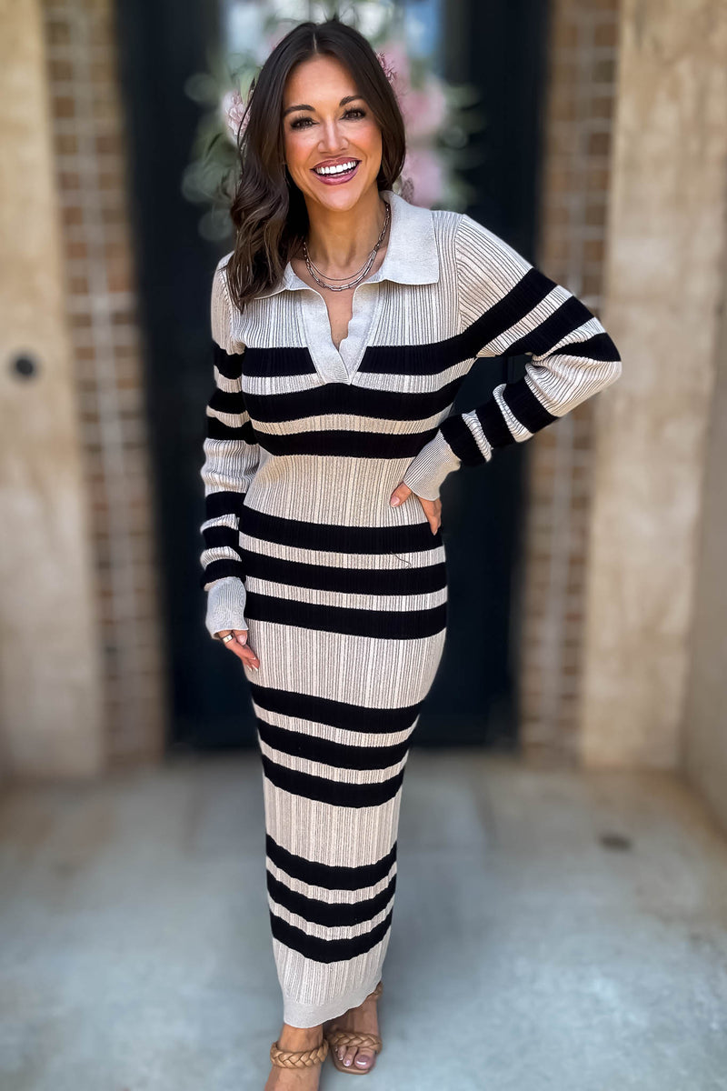 Mable I'm Choosing Happiness Stripe Ribbed Collared V Neckline Knit Dress