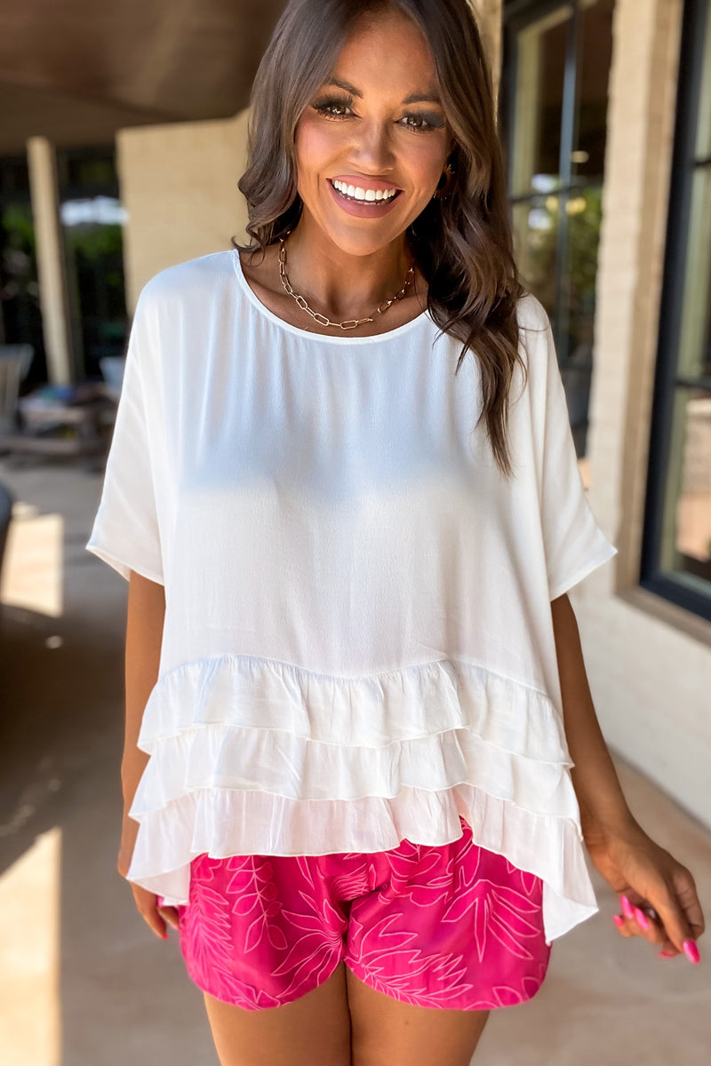 Short Sleeve Loose Fit Ruffle Hem Tiered Top