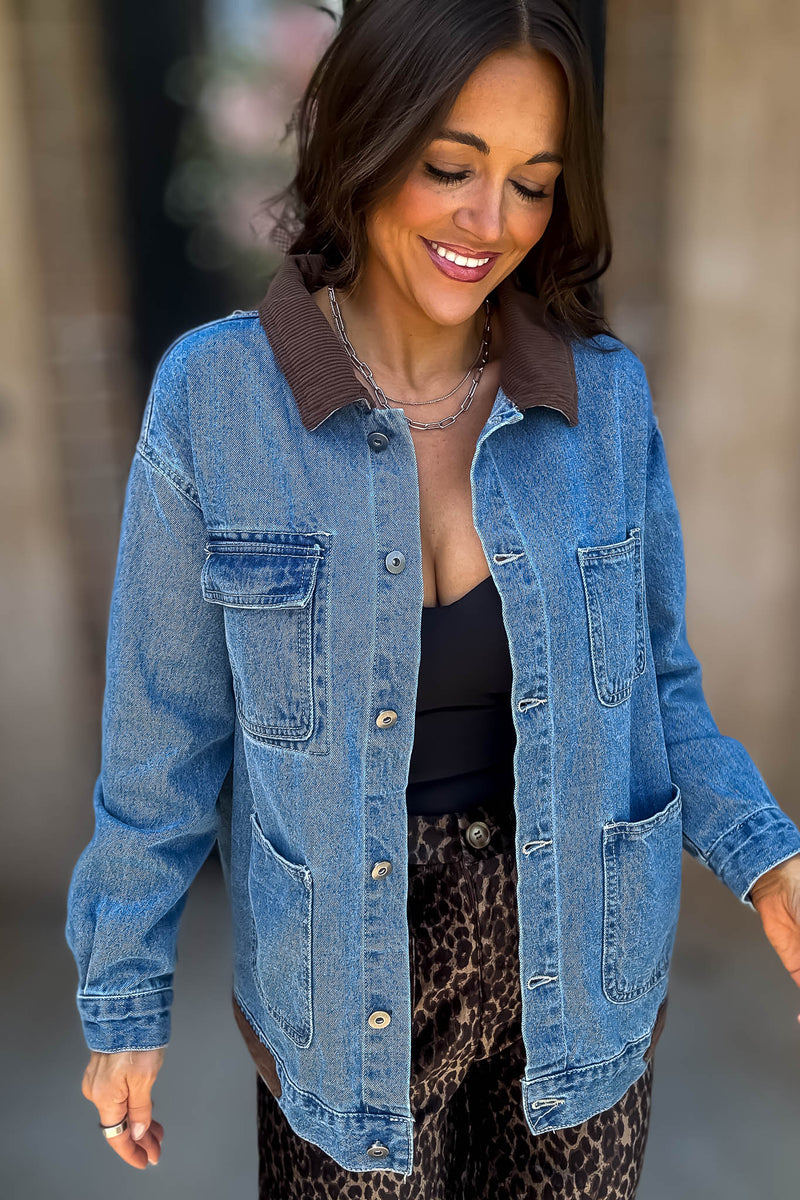 Trust Me On This One Contrast Collar Denim Jacket