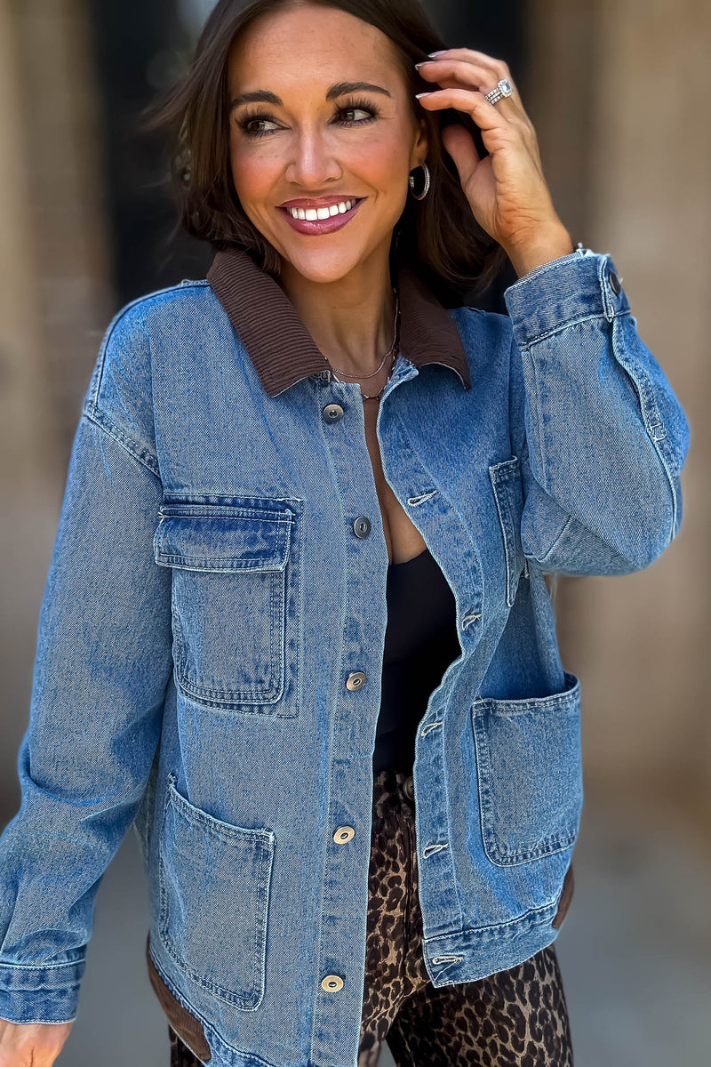 Trust Me On This One Contrast Collar Denim Jacket