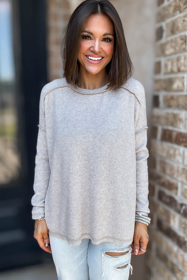 Brushed Ash Mocha Ribbed Hacci Hi-Low Sweater Top