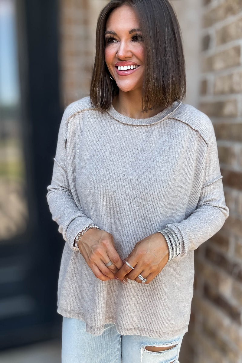Brushed Ash Mocha Ribbed Hacci Hi-Low Sweater Top