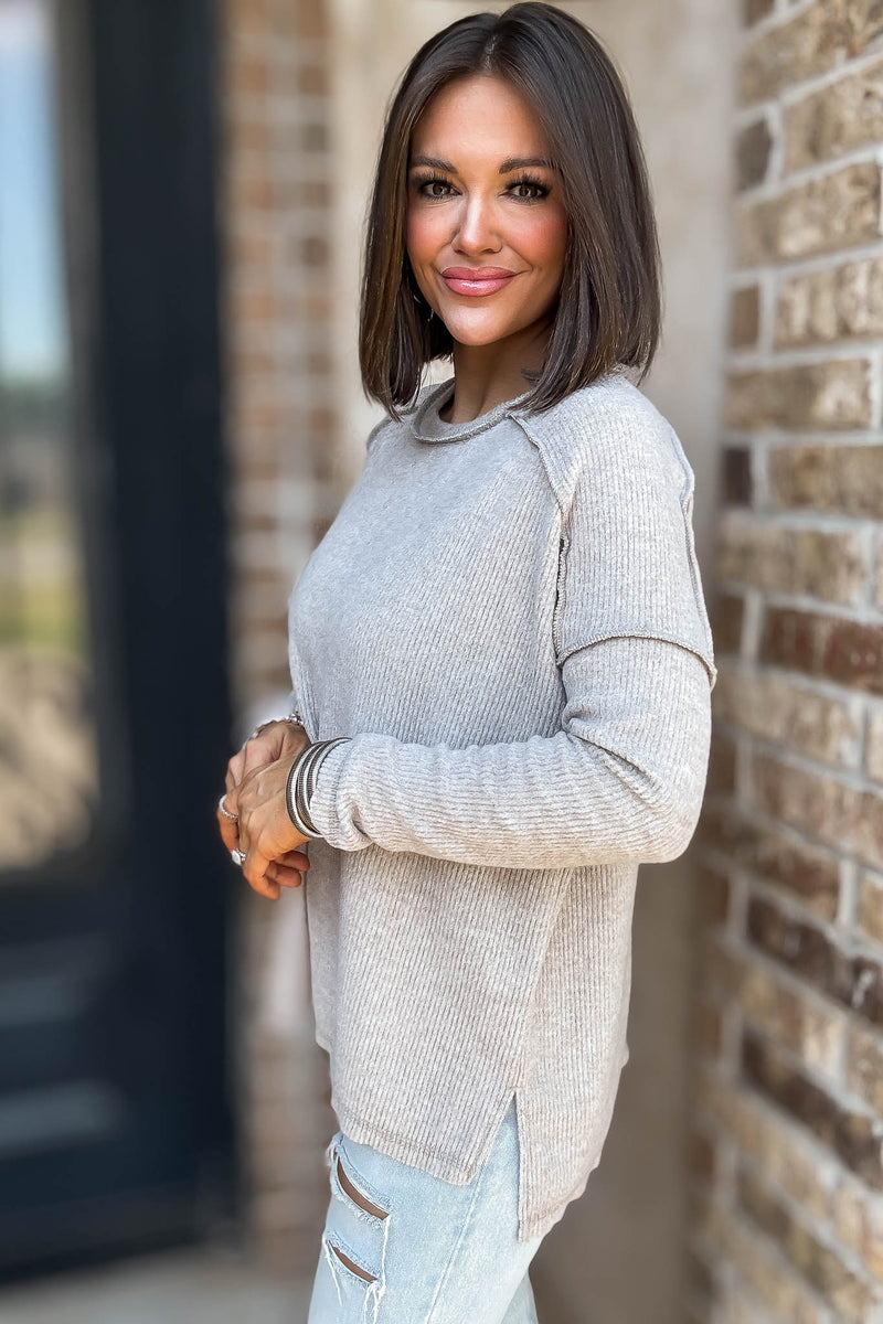Brushed Ash Mocha Ribbed Hacci Hi-Low Sweater Top