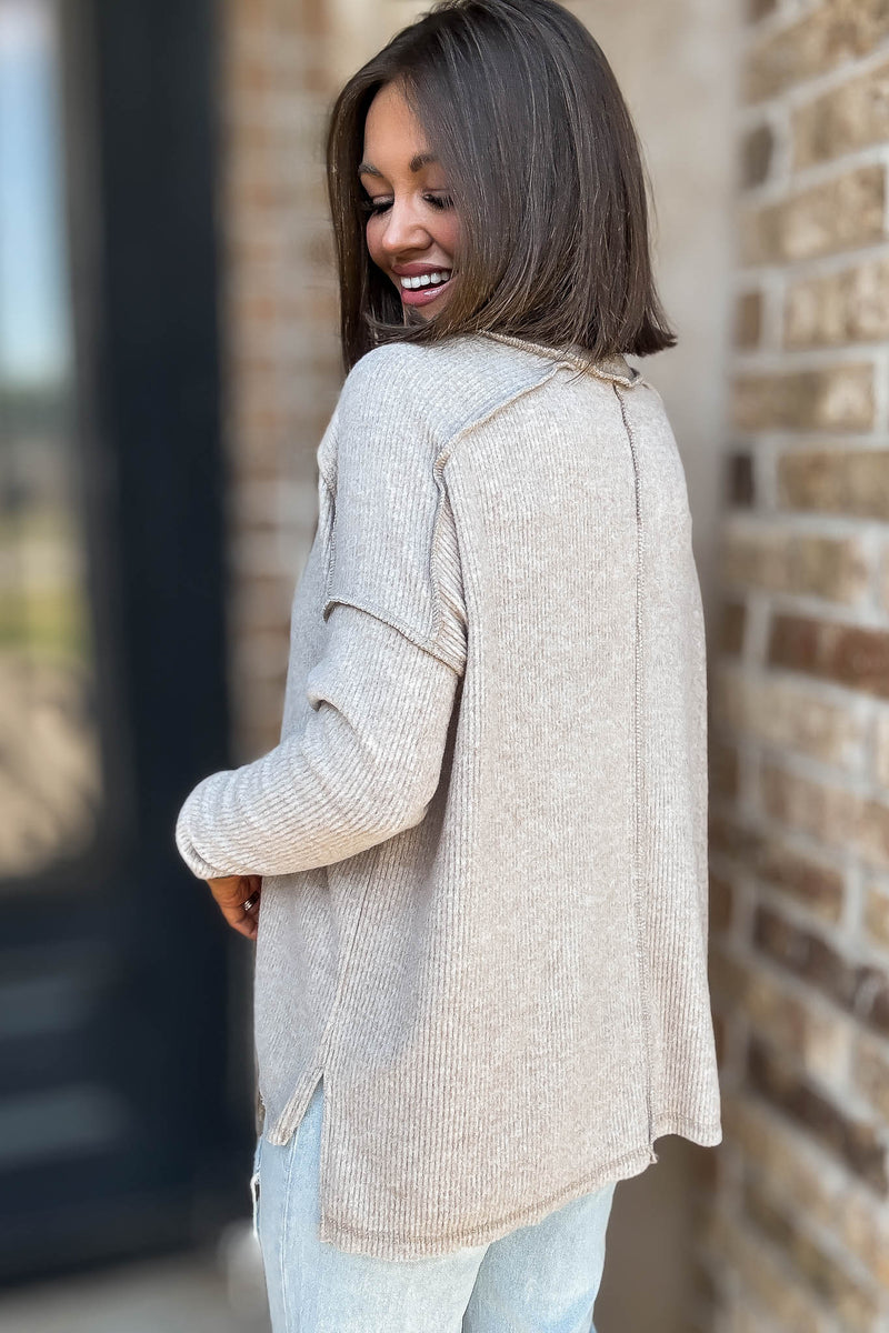Brushed Ash Mocha Ribbed Hacci Hi-Low Sweater Top